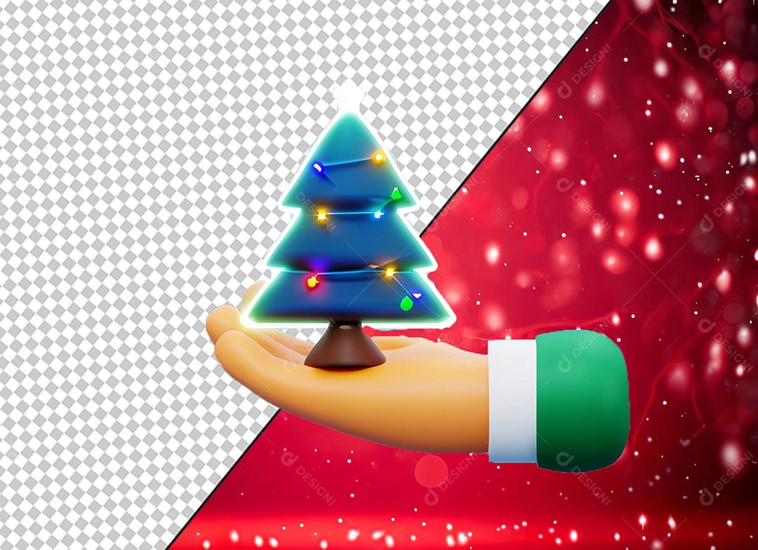 Mão Segurando Árvore de Natal Azul com Decoração Elemento 3D para Composição PSD