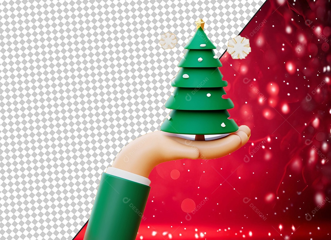 Elemento 3D Mão Segurando Árvore de Natal para Composição PSD