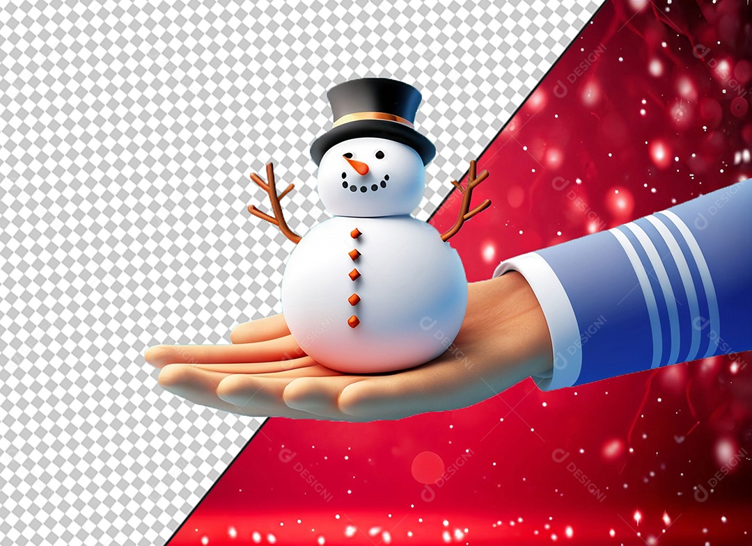 Mão Segurando Boneco de Neve de Natal Elemento 3D para Composição PSD