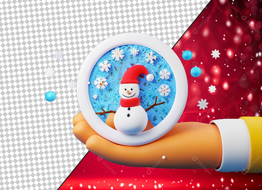 Mão Segurando Bola de Neve com Boneco de Neve para Enfeite de Natal Elemento 3D para Composição PSD