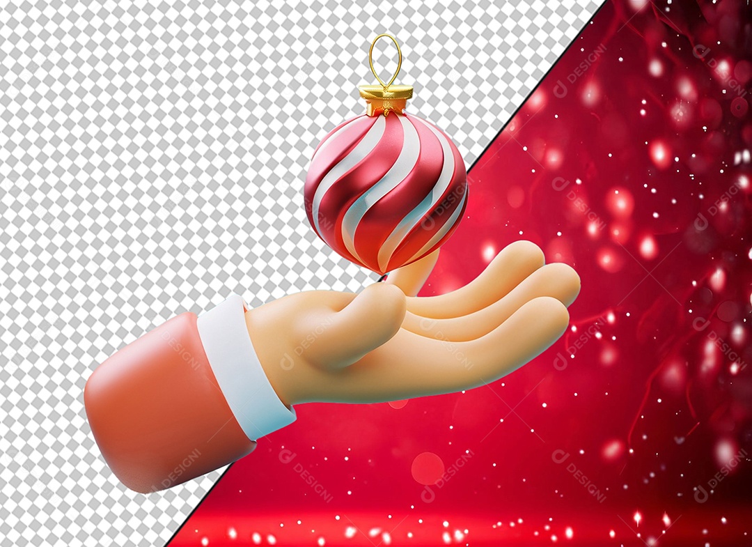 Mão Segurando Bola Vermelha e Branco Enfeite de Natal Elemento 3D para Composição PSD