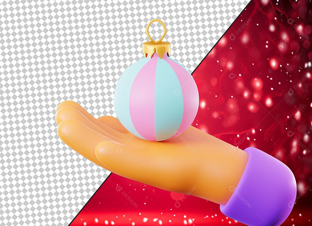 Mão Segurando Bola Rosa e Azul Enfeite de Natal Elemento 3D para Composição PSD