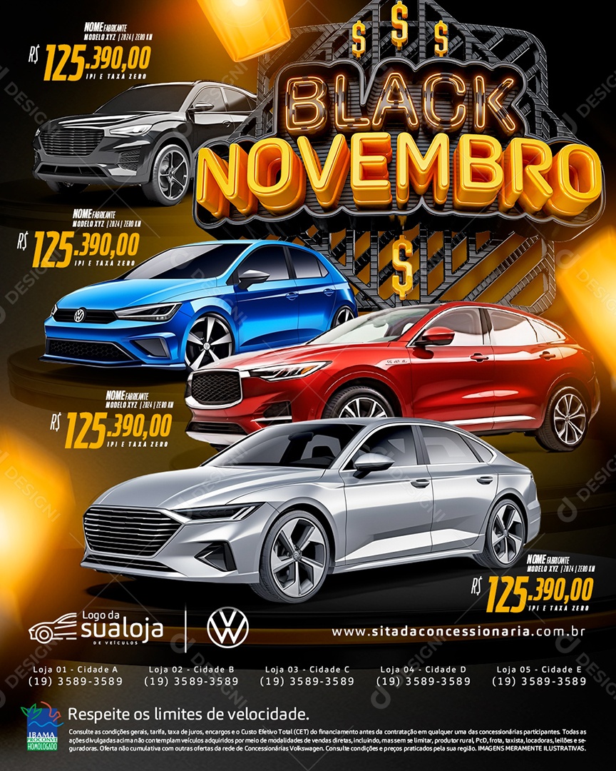 Tabloide Black Novembro Concessionária Carros Novos e Seminovos Social Media PSD Editável