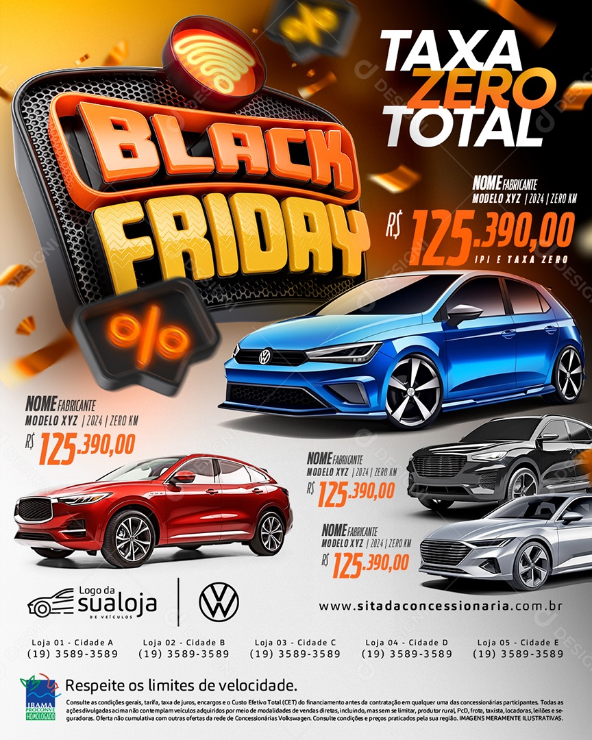 Tabloide Black Friday Concessionária Taxa Zero Carros Social Media PSD Editável