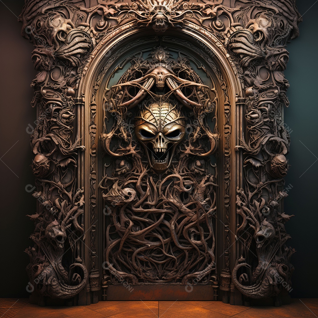 Porta misteriosa com formato de diabo arquitetura antiga