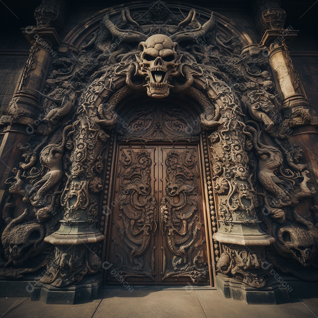 Porta misteriosa com formato de diabo arquitetura antiga