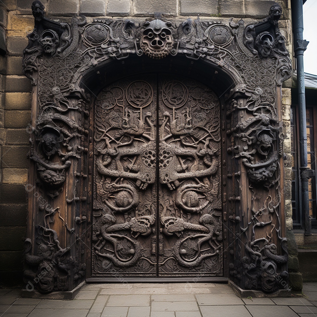 Porta misteriosa com formato de diabo arquitetura antiga