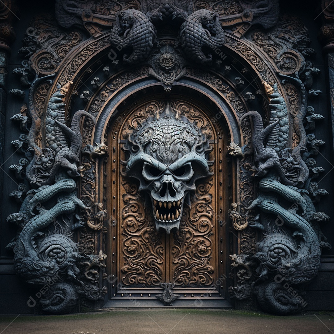 Porta misteriosa com formato de diabo arquitetura antiga