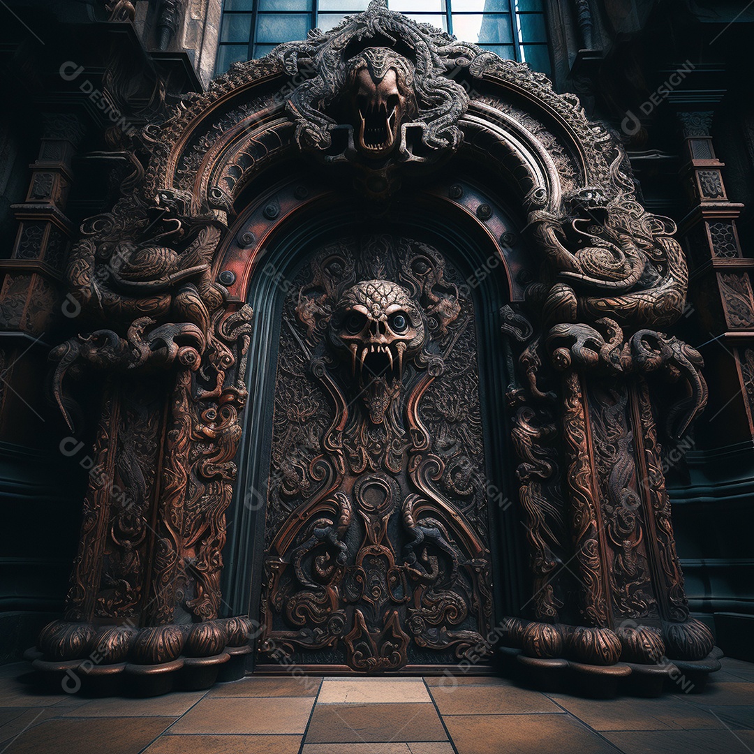 Porta misteriosa com formato de diabo arquitetura antiga