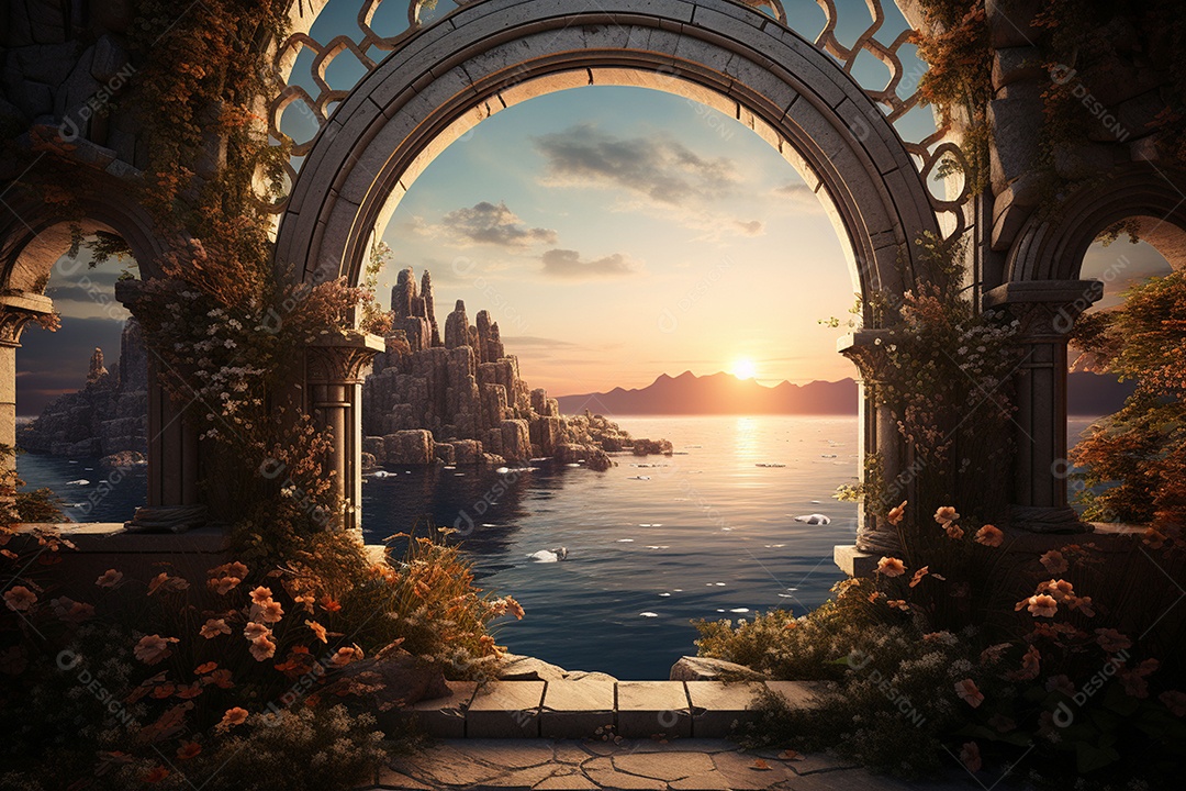 Arco ornamentado no rio ao fundo da noite