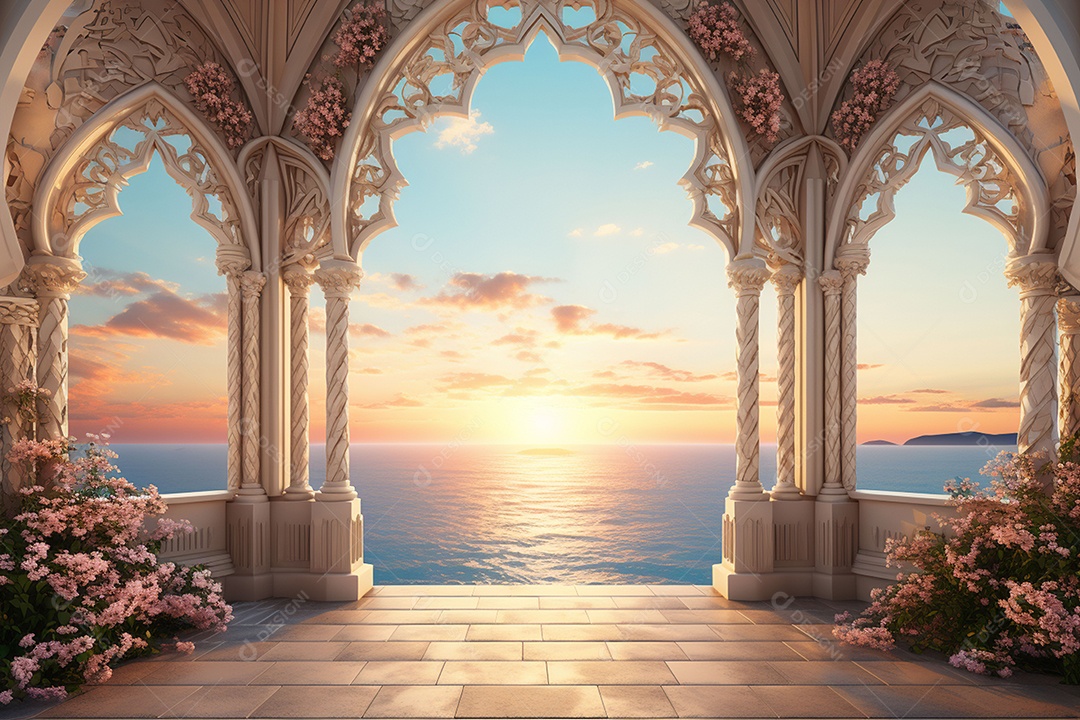 Arco ornamentado no rio ao fundo da noite