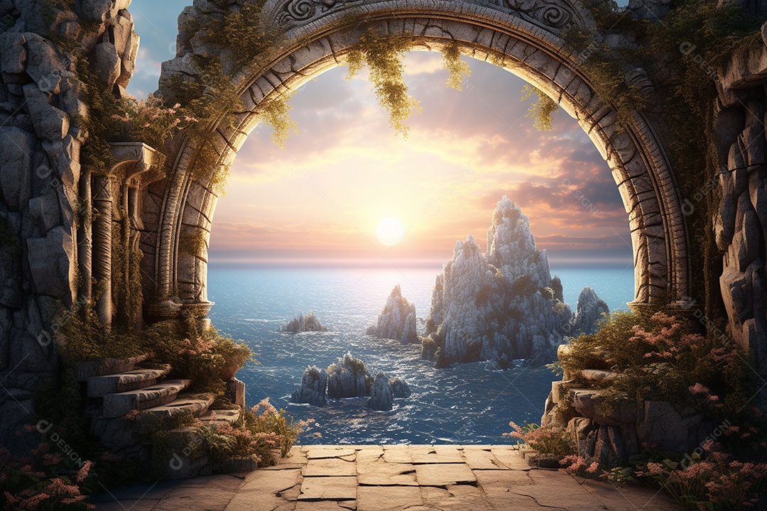 Arco ornamentado no rio ao fundo da noite