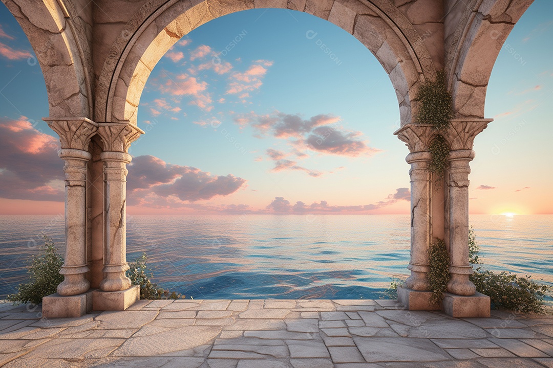 Arco ornamentado no rio ao fundo da noite