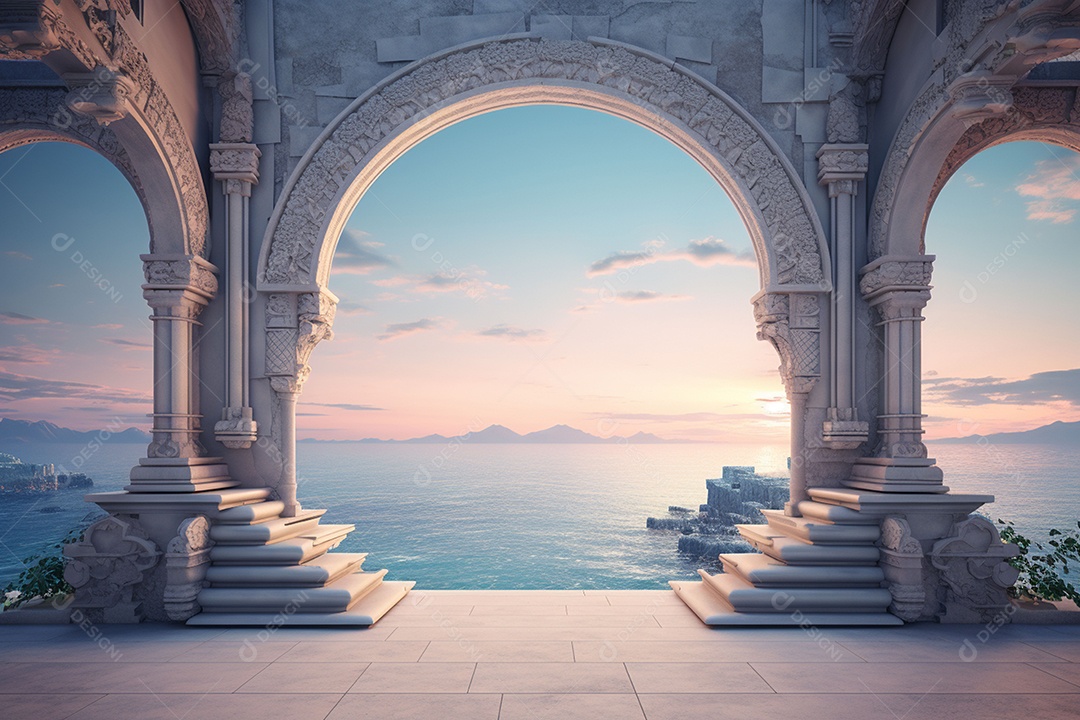 Arco ornamentado no rio ao fundo da noite