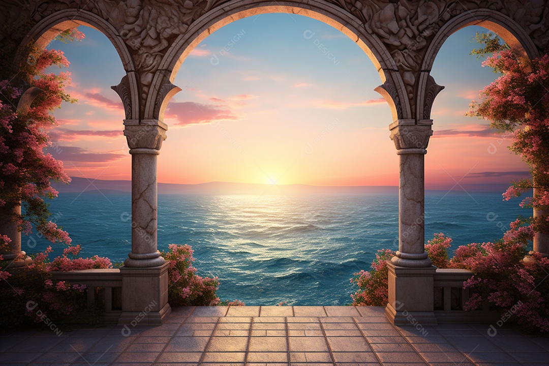 Arco ornamentado no rio ao fundo da noite