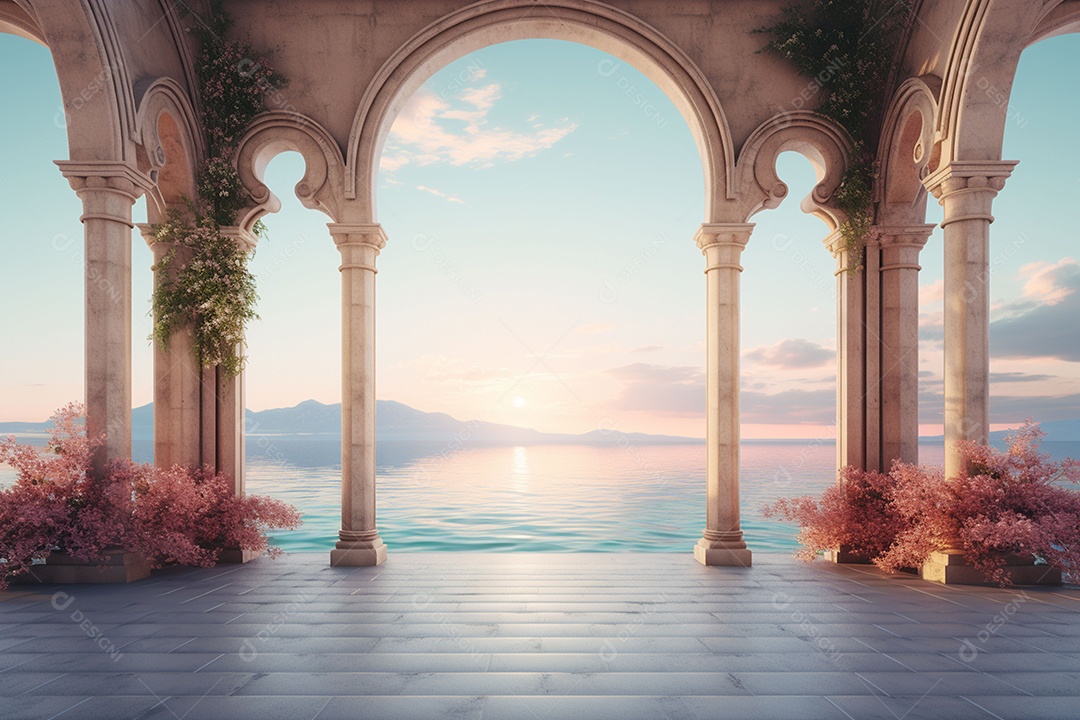 Arco ornamentado no rio ao fundo da noite