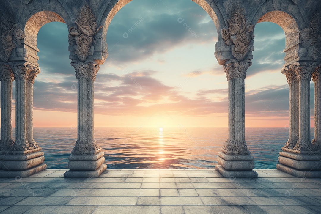 Arco ornamentado no rio ao fundo da noite