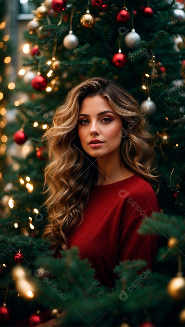 Foto de uma linda mulher com temática de natal com árvores de Natal