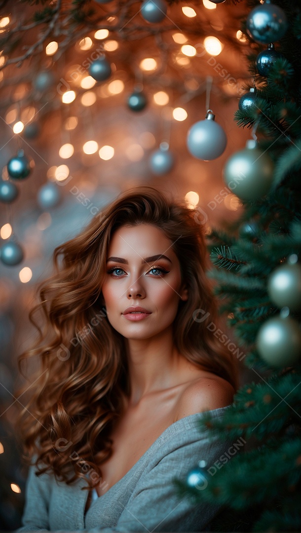 Foto de uma linda mulher com temática de natal com árvores de Natal