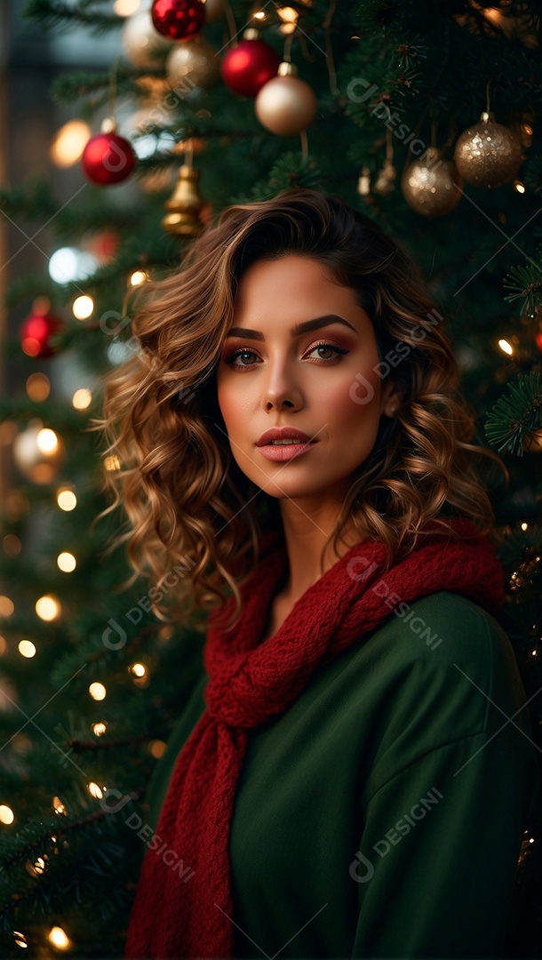 Foto de uma linda mulher com tematica de natal com árvores de Natal