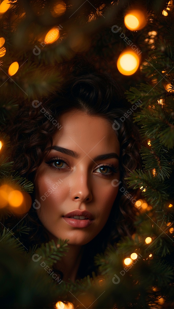 Foto de uma linda mulher com temática de natal com árvores de Natal