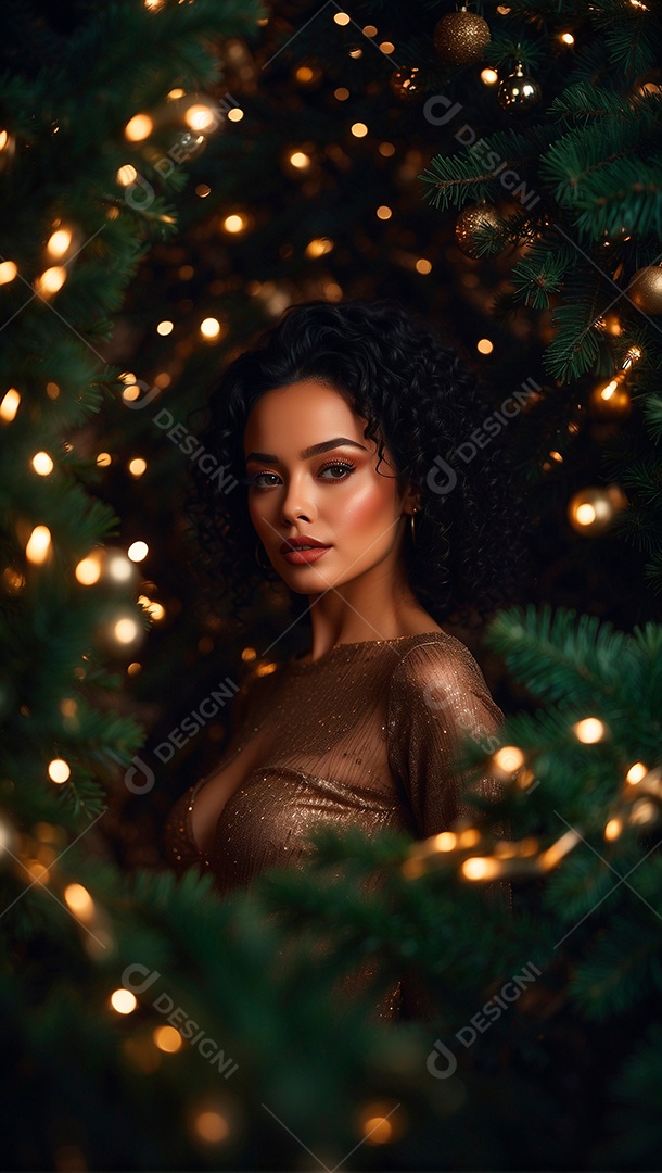 Foto de uma linda mulher com temática de natal com árvores de Natal