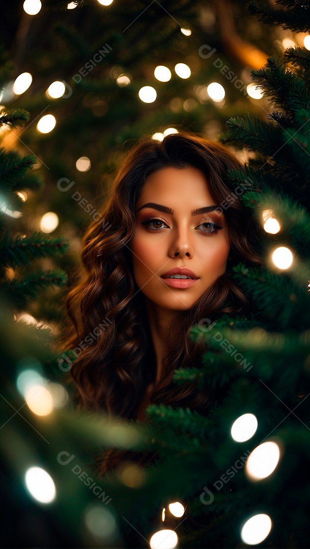 Foto de uma linda mulher com temática de natal com árvores de Natal