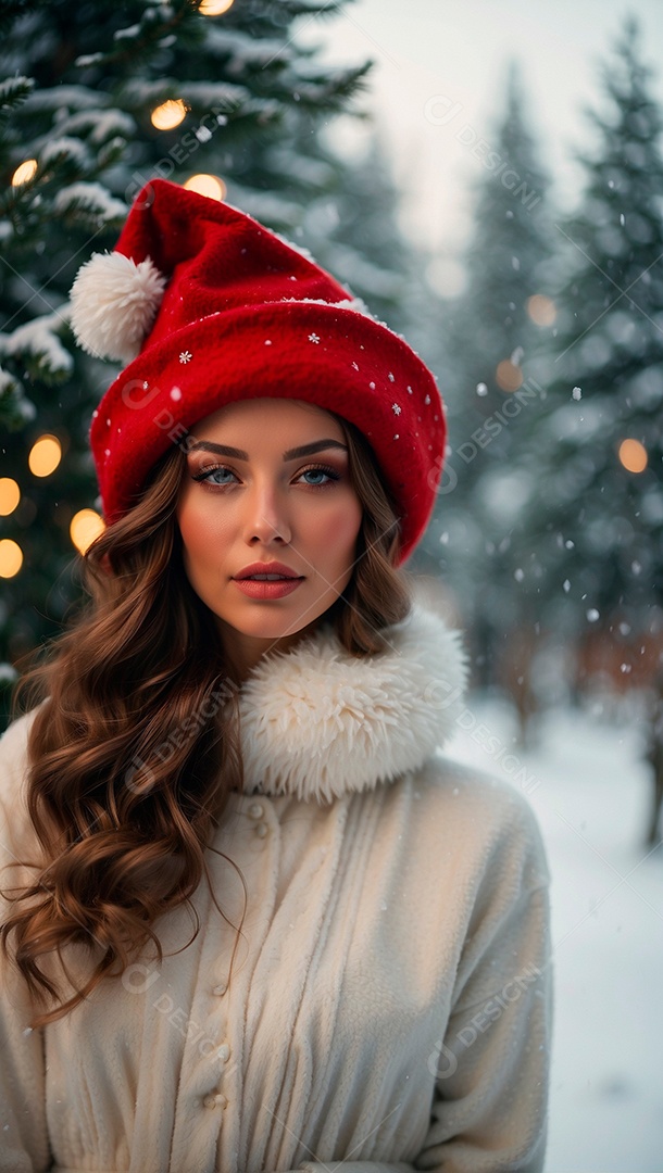 Foto de uma linda mulher com temática de natal com árvores de Natal