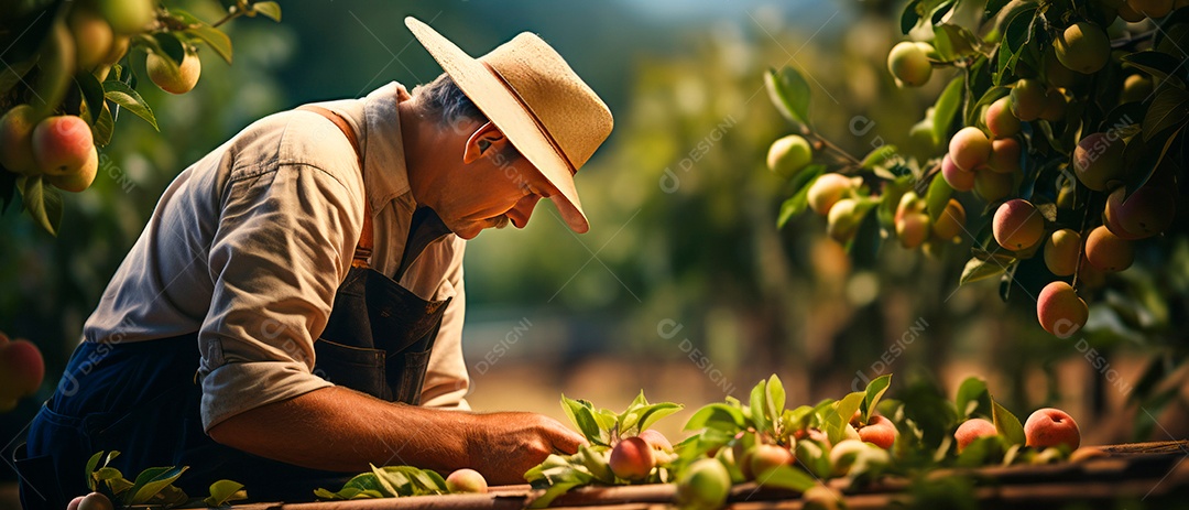 Um trabalhador masculino cuida da colheita de maçãs.