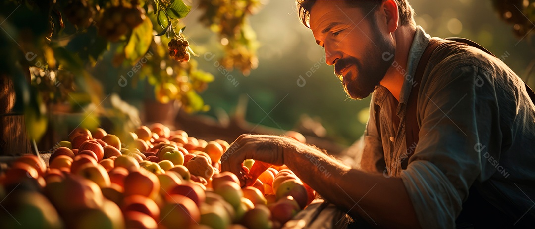 Um trabalhador masculino cuida da colheita de maçãs.
