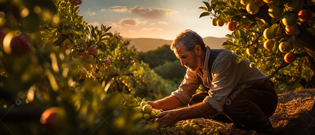 Um trabalhador masculino cuida da colheita de maçãs.
