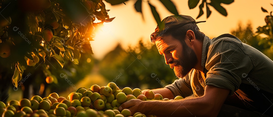 Um trabalhador masculino cuida da colheita de maçãs.