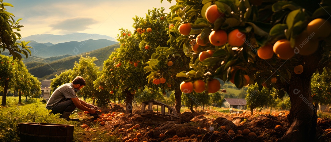 Um trabalhador masculino cuida da colheita de maçãs.