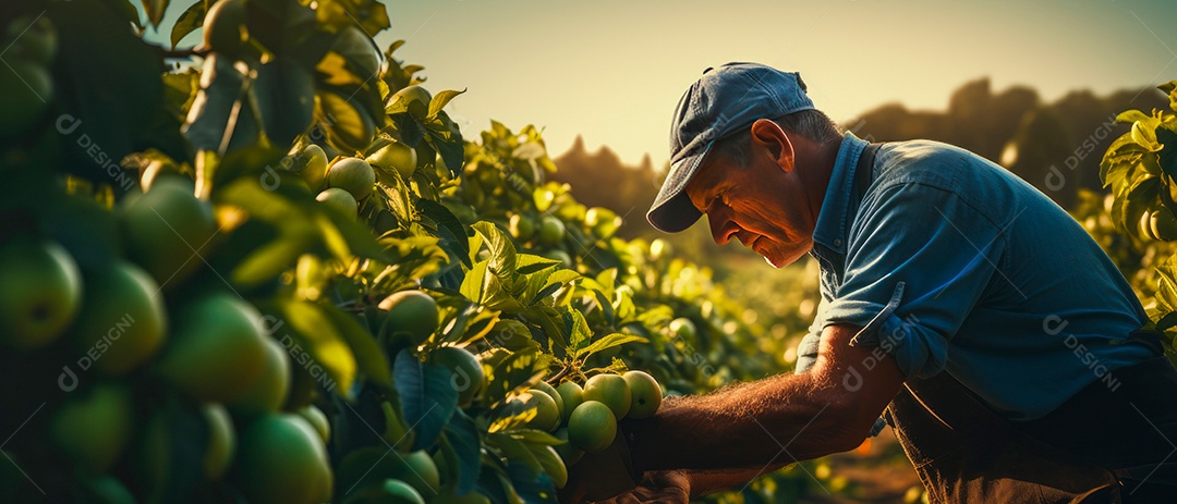 Um trabalhador masculino cuida da colheita de maçãs.