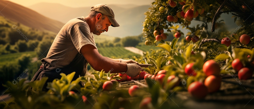 Um trabalhador masculino cuida da colheita de maçãs.