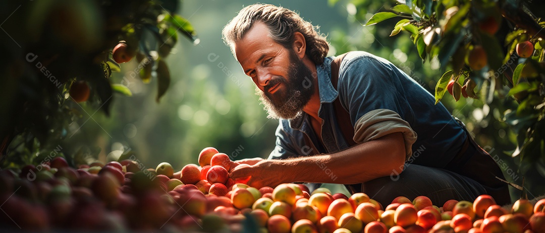 Um trabalhador masculino cuida da colheita de maçãs.
