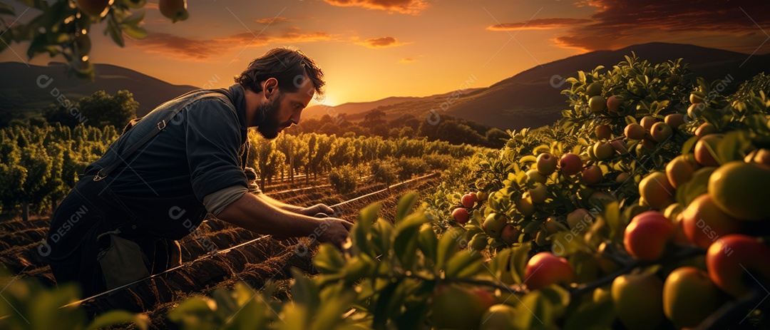 Um trabalhador masculino cuida da colheita de maçãs.
