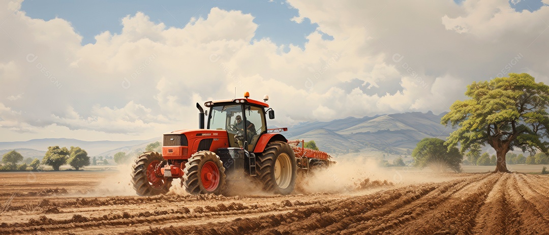 Um trator está pulverizando fertilizantes e produtos químicos, pesticidas.