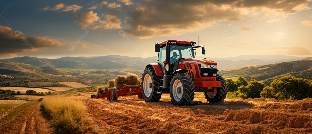 Um trator está pulverizando fertilizantes e produtos químicos, pesticidas.