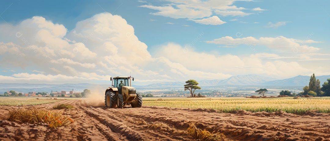 Um trator está pulverizando fertilizantes e produtos químicos, pesticidas.