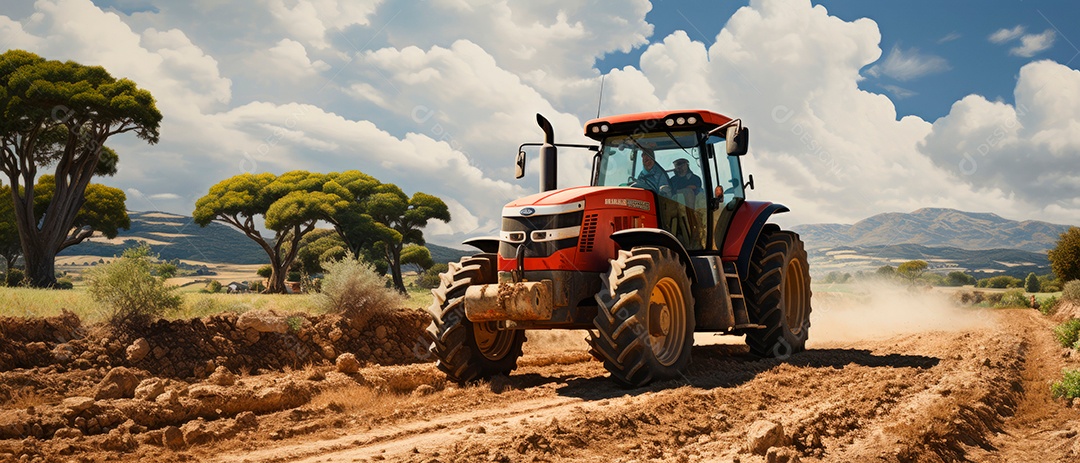 Um trator está pulverizando fertilizantes e produtos químicos, pesticidas.
