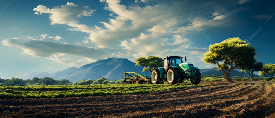 Um trator está pulverizando fertilizantes e produtos químicos, pesticidas.
