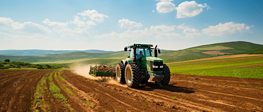 Um trator está pulverizando fertilizantes e produtos químicos, pesticidas.