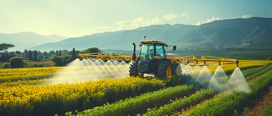 Um trator está pulverizando fertilizantes e produtos químicos, pesticidas.