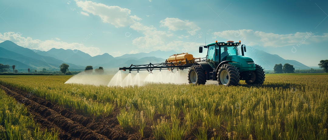 Um trator está pulverizando fertilizantes e produtos químicos, pesticidas.