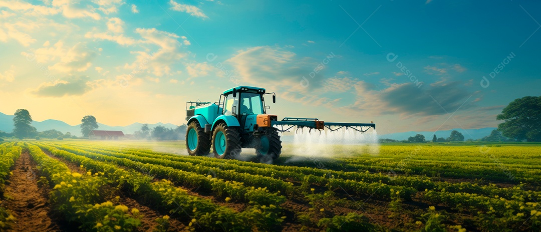 Um trator está pulverizando fertilizantes e produtos químicos, pesticidas.