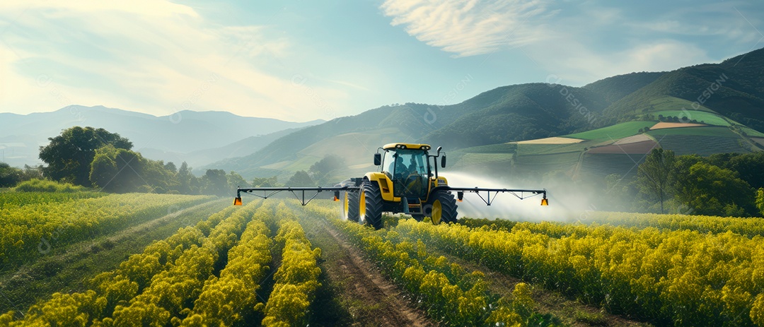 Um trator está pulverizando fertilizantes e produtos químicos, pesticidas.