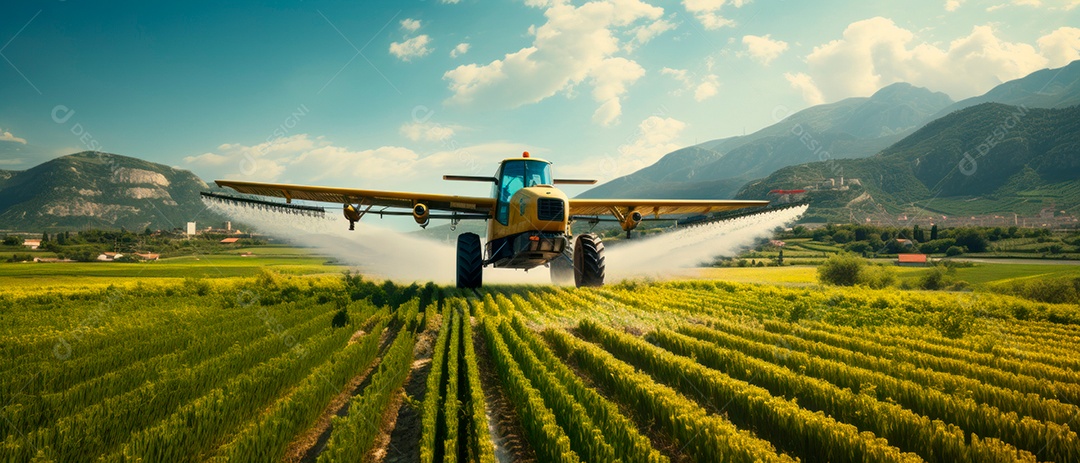 Um trator está pulverizando fertilizantes e produtos químicos, pesticidas.