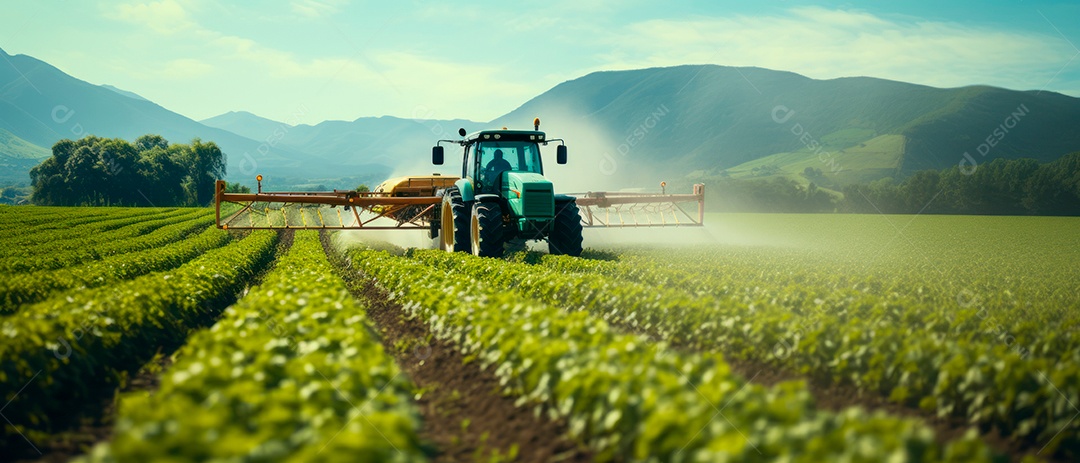 Um trator está pulverizando fertilizantes e produtos químicos, pesticidas.