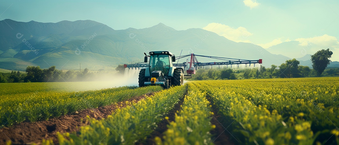 Um trator está pulverizando fertilizantes e produtos químicos, pesticidas.
